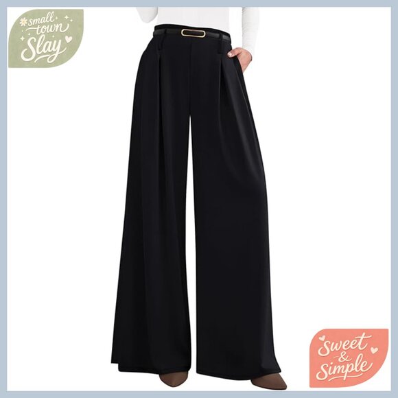 Wide Leg Palazzo Pants High Waisted Elastic Work Trousers Pleated Slacks